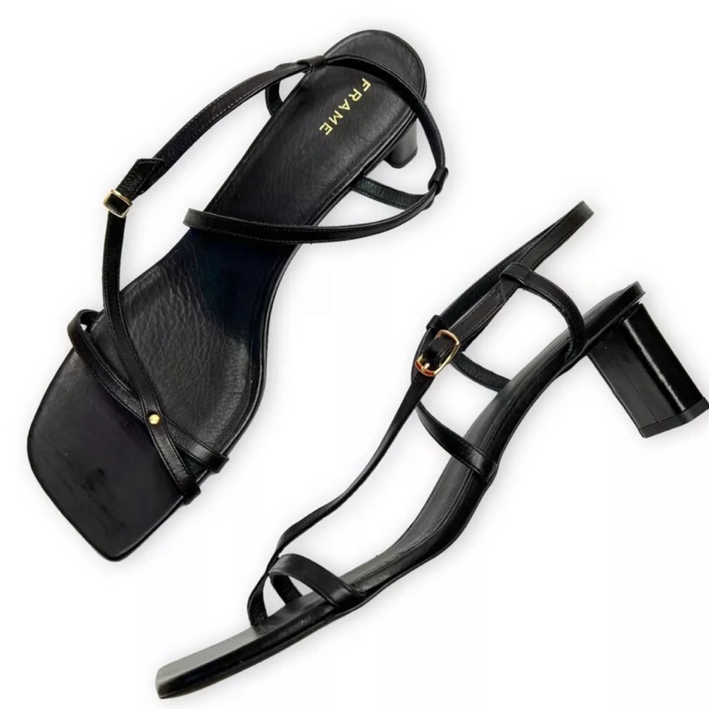 Frame Le Braxton Strappy Leather Black Sandal Square Toe Women EUR 39.5 US 9 - Picture 2 of 15